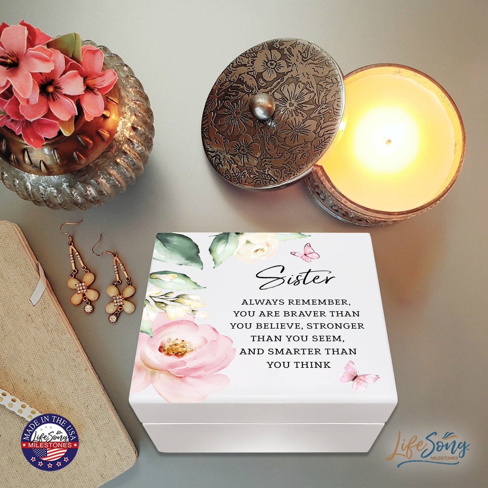 Modern Inspiring White Jewelry Keepsake Box for Sister 6x5.5 - Always Remember - LifeSong Milestones