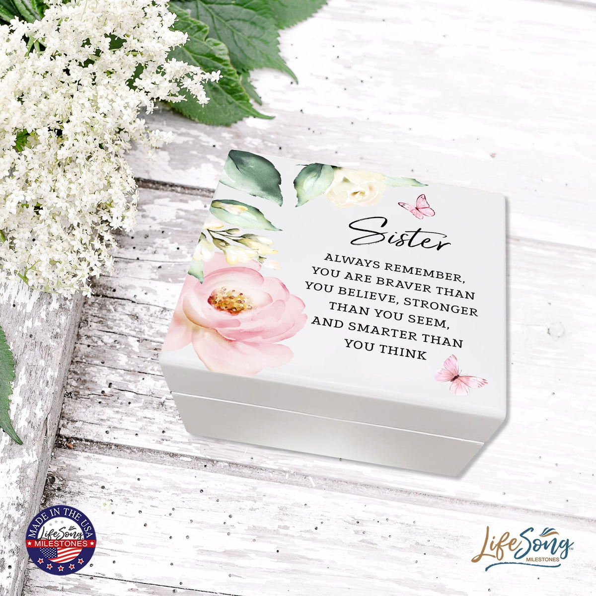 Modern Inspiring White Jewelry Keepsake Box for Sister 6x5.5 - Always Remember - LifeSong Milestones