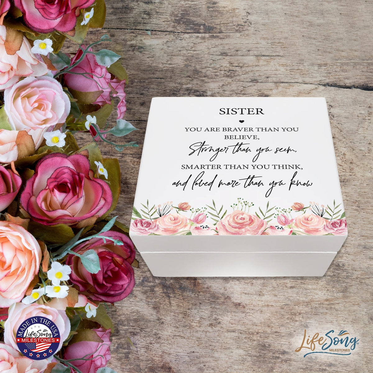 Modern Inspiring White Jewelry Keepsake Box for Sister 6x5.5 - Stronger Than You Seem - LifeSong Milestones
