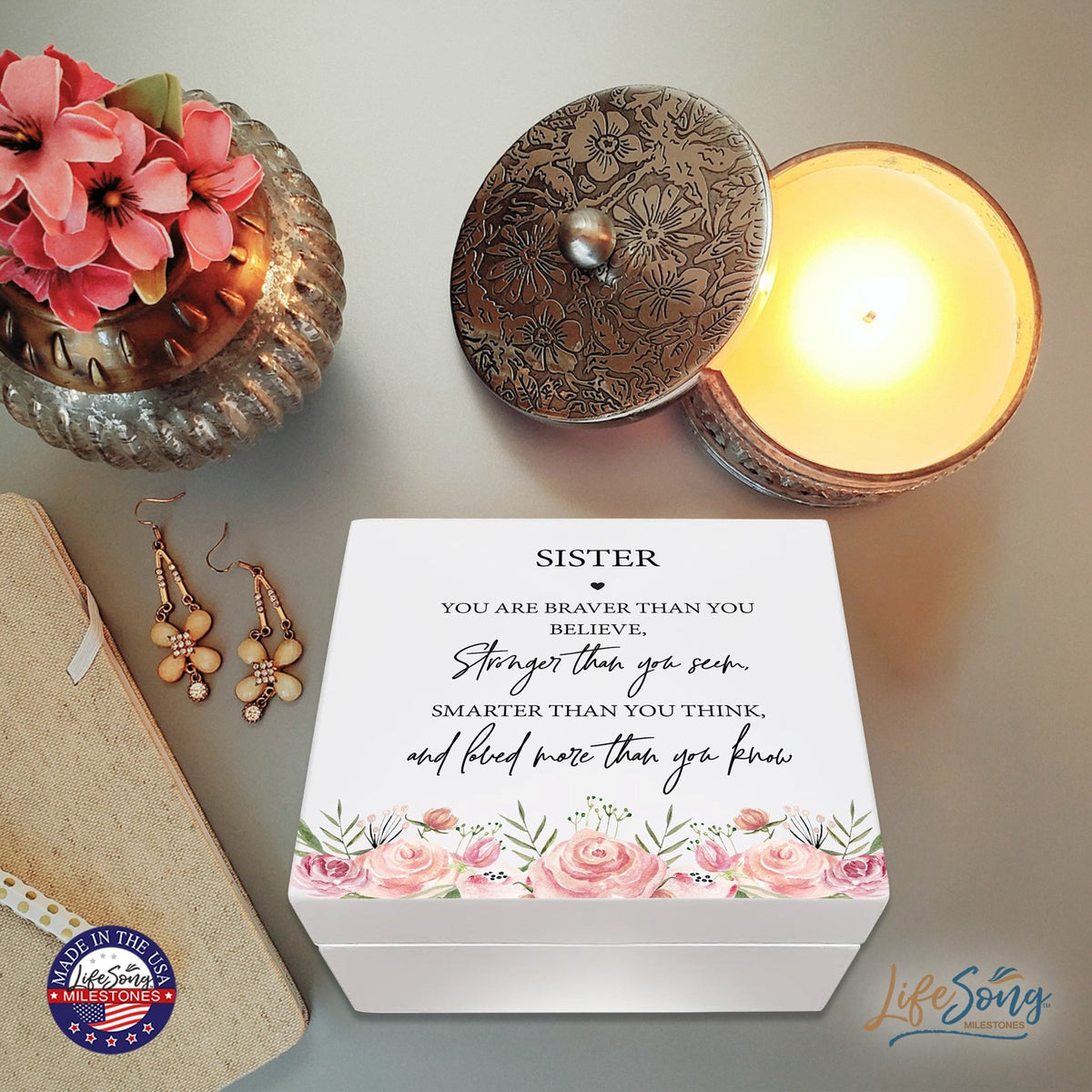 Modern Inspiring White Jewelry Keepsake Box for Sister 6x5.5 - Stronger Than You Seem - LifeSong Milestones