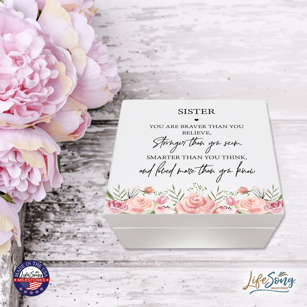Modern Inspiring White Jewelry Keepsake Box for Sister 6x5.5 - Stronger Than You Seem - LifeSong Milestones