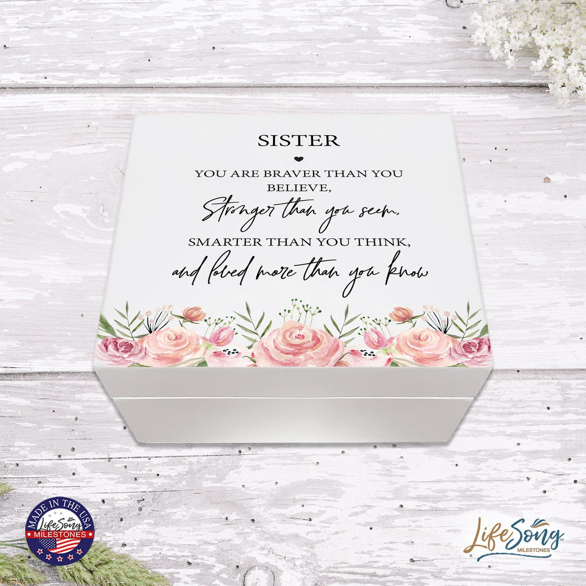 Modern Inspiring White Jewelry Keepsake Box for Sister 6x5.5 - Stronger Than You Seem - LifeSong Milestones