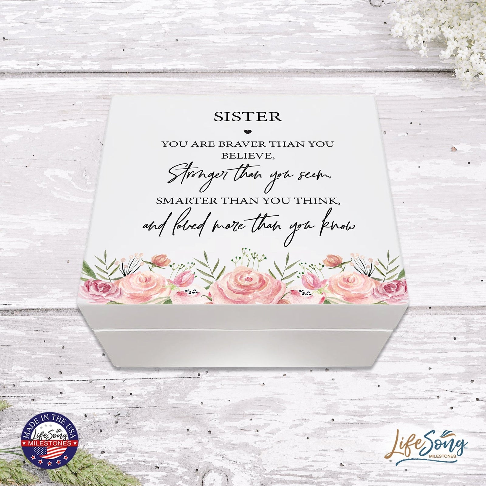 Modern Inspiring White Jewelry Keepsake Box for Sister 6x5.5 - Stronger Than You Seem - LifeSong Milestones