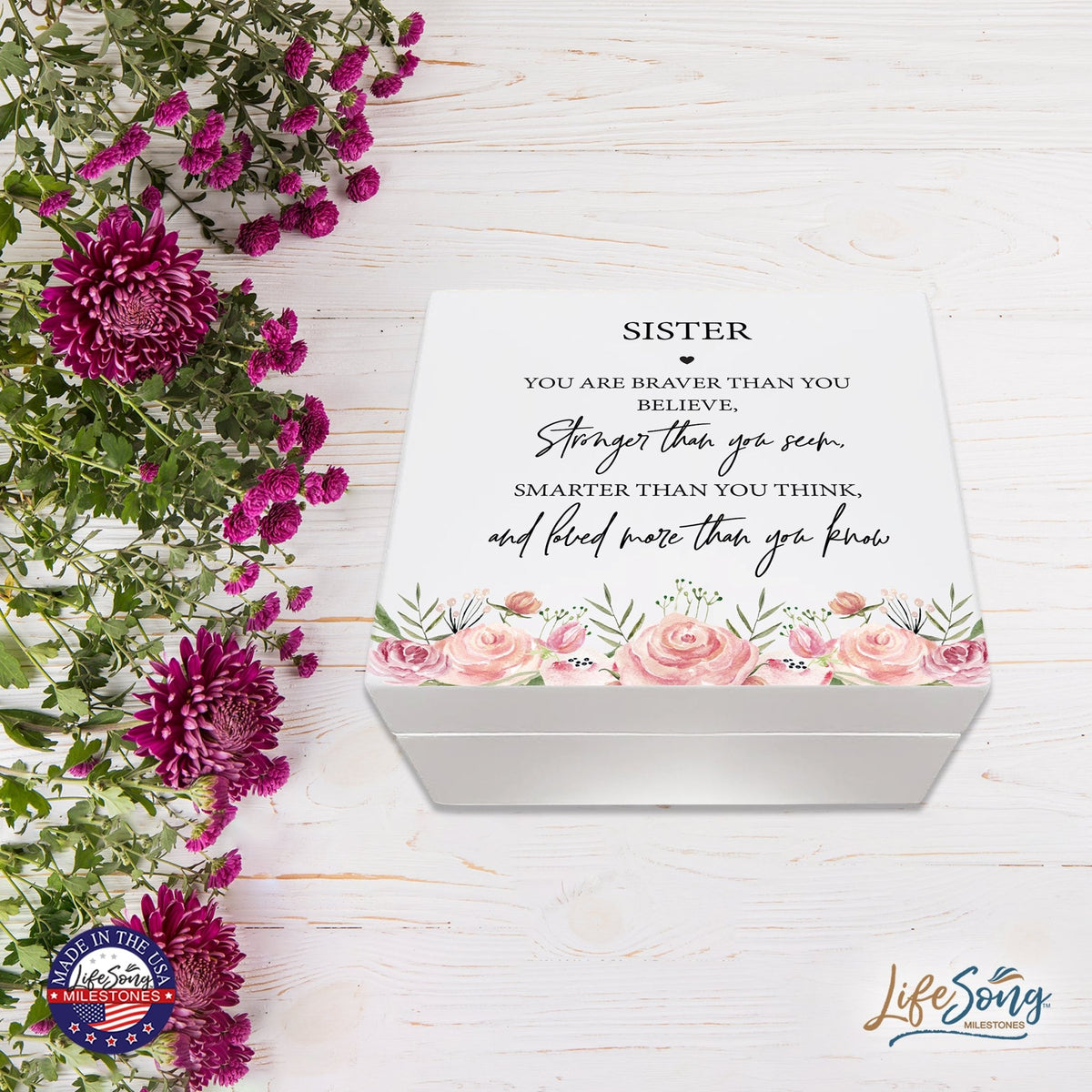 Modern Inspiring White Jewelry Keepsake Box for Sister 6x5.5 - Stronger Than You Seem - LifeSong Milestones