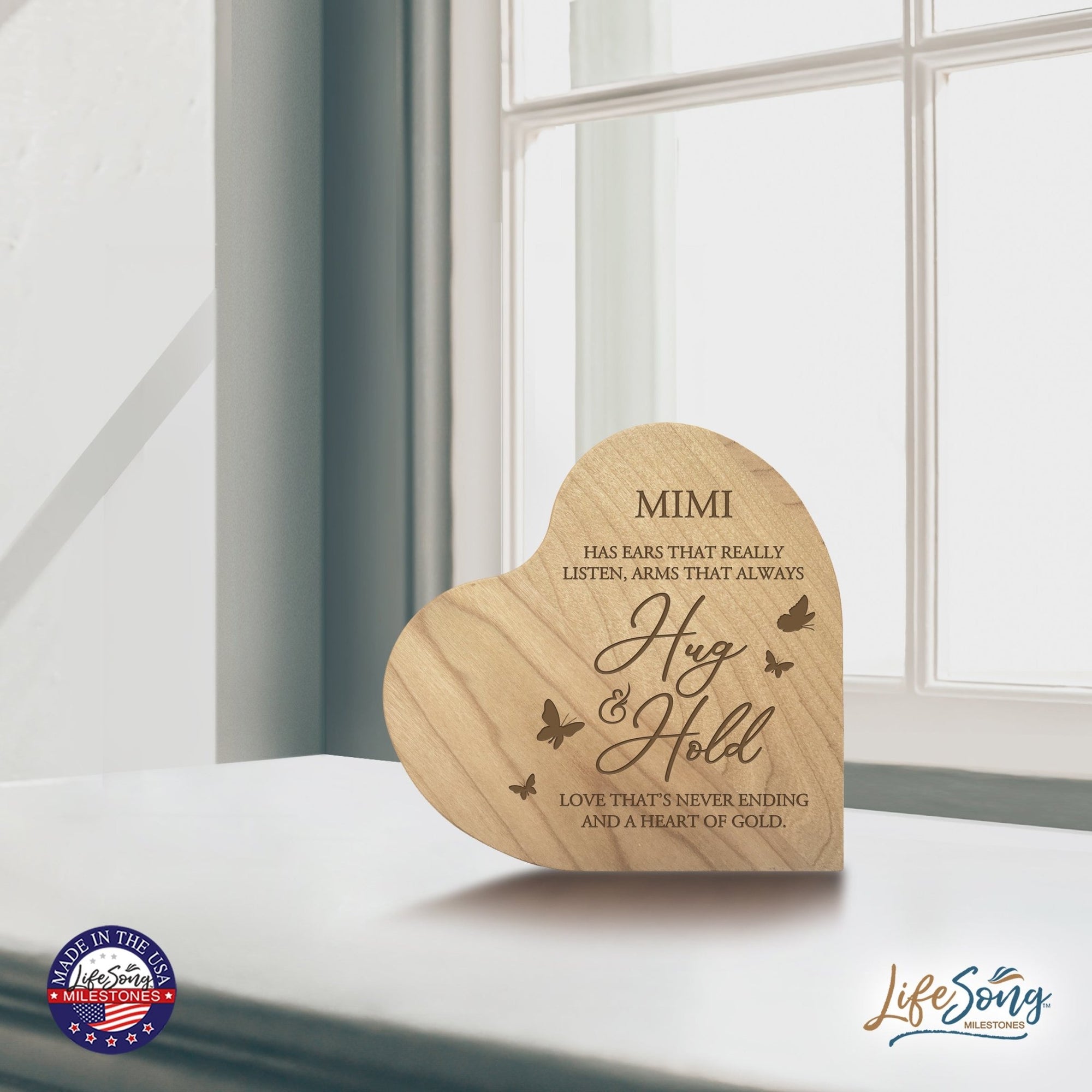 Modern Mimi’s Love Solid Wood Heart Decoration With Inspirational Verse Keepsake Gift 5x5.25 - Mimi Has Ears That Really = Hug & Hold - LifeSong Milestones
