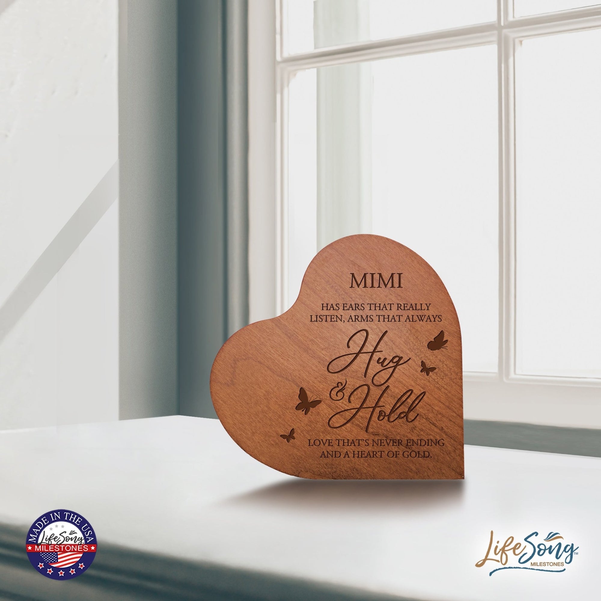 Modern Mimi’s Love Solid Wood Heart Decoration With Inspirational Verse Keepsake Gift 5x5.25 - Mimi Has Ears That Really = Hug & Hold - LifeSong Milestones