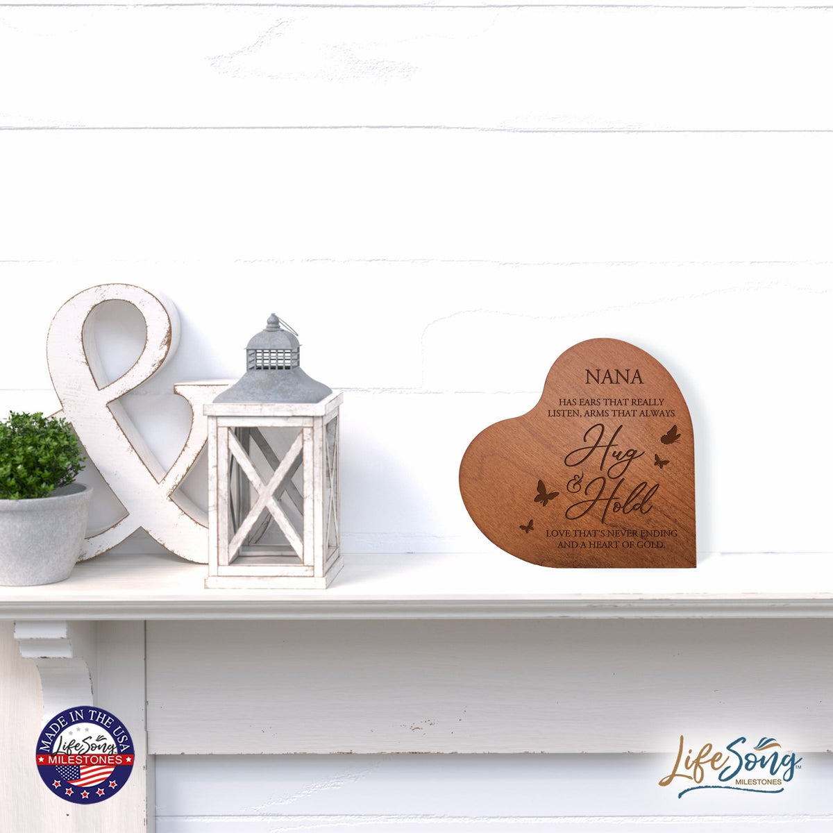 Modern Nana’s Love Solid Wood Heart Decoration With Inspirational Verse Keepsake Gift 5x5.25 - Nana Has Ears That Really = Never Ending - LifeSong Milestones