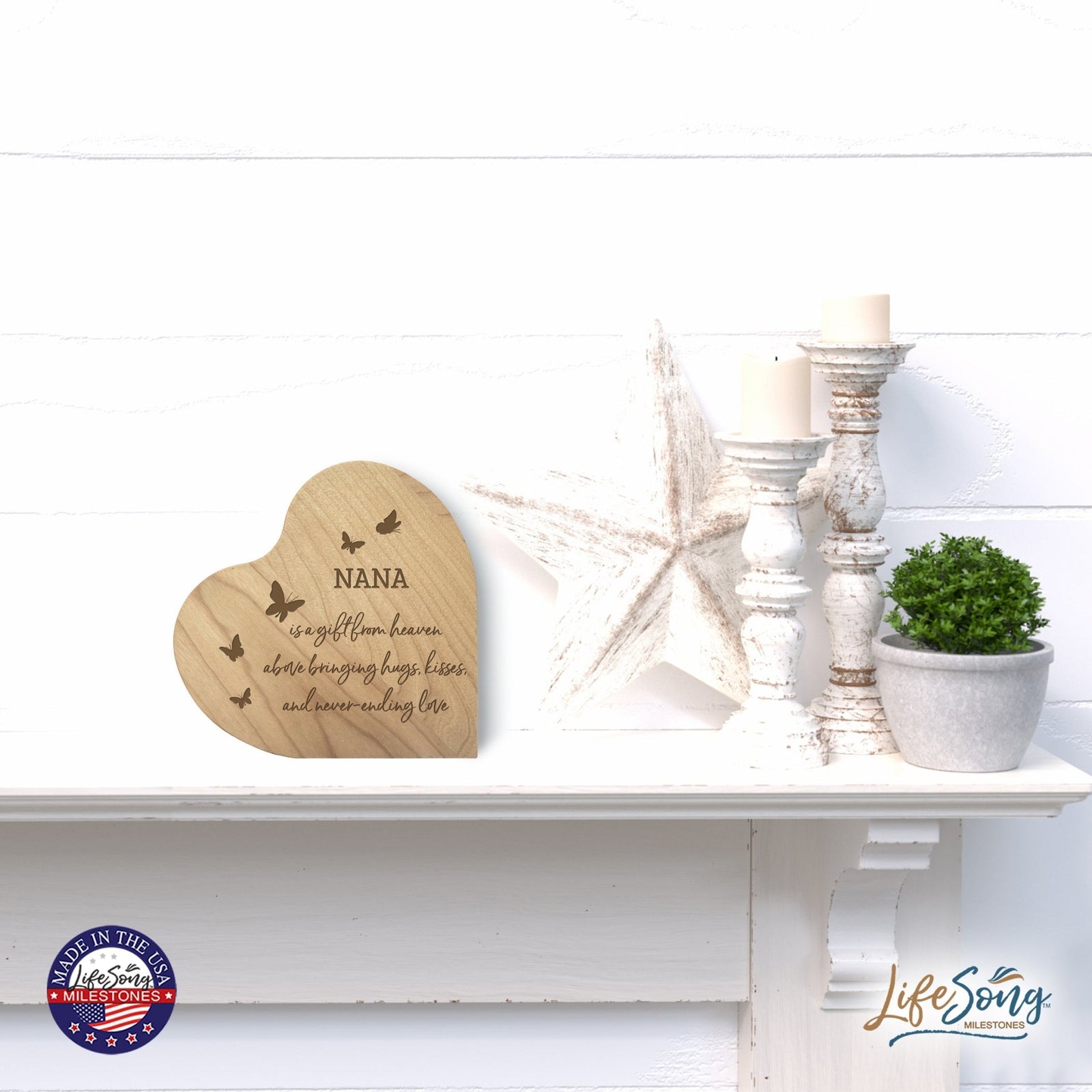 Modern Nana’s Love Solid Wood Heart Decoration With Inspirational Verse Keepsake Gift 5x5.25 - Nana Is A Gift = Never-Ending Love - LifeSong Milestones