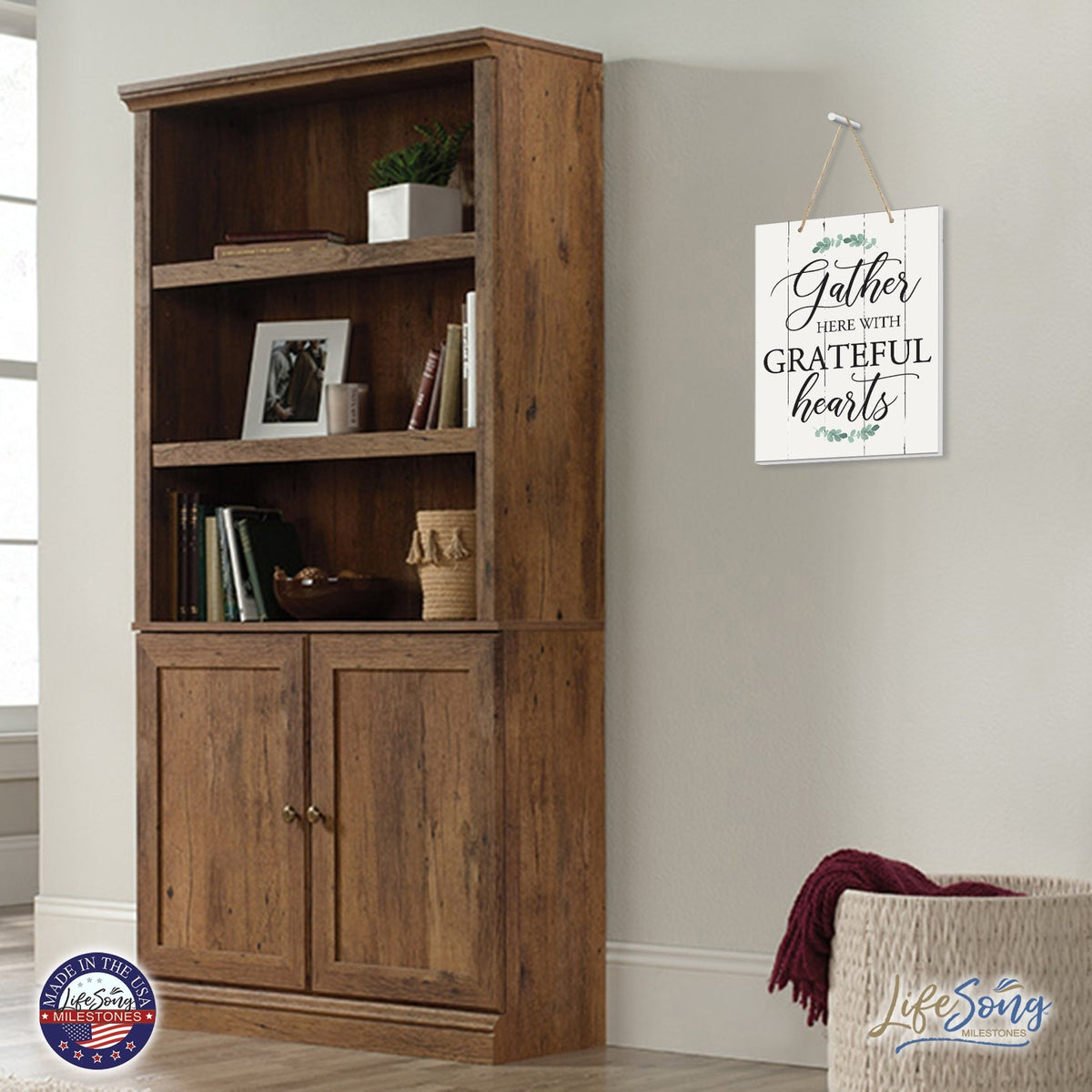 Modern Wooden Horizontal Wall Hanging Rope Sign 12x15 - Gather Here - LifeSong Milestones