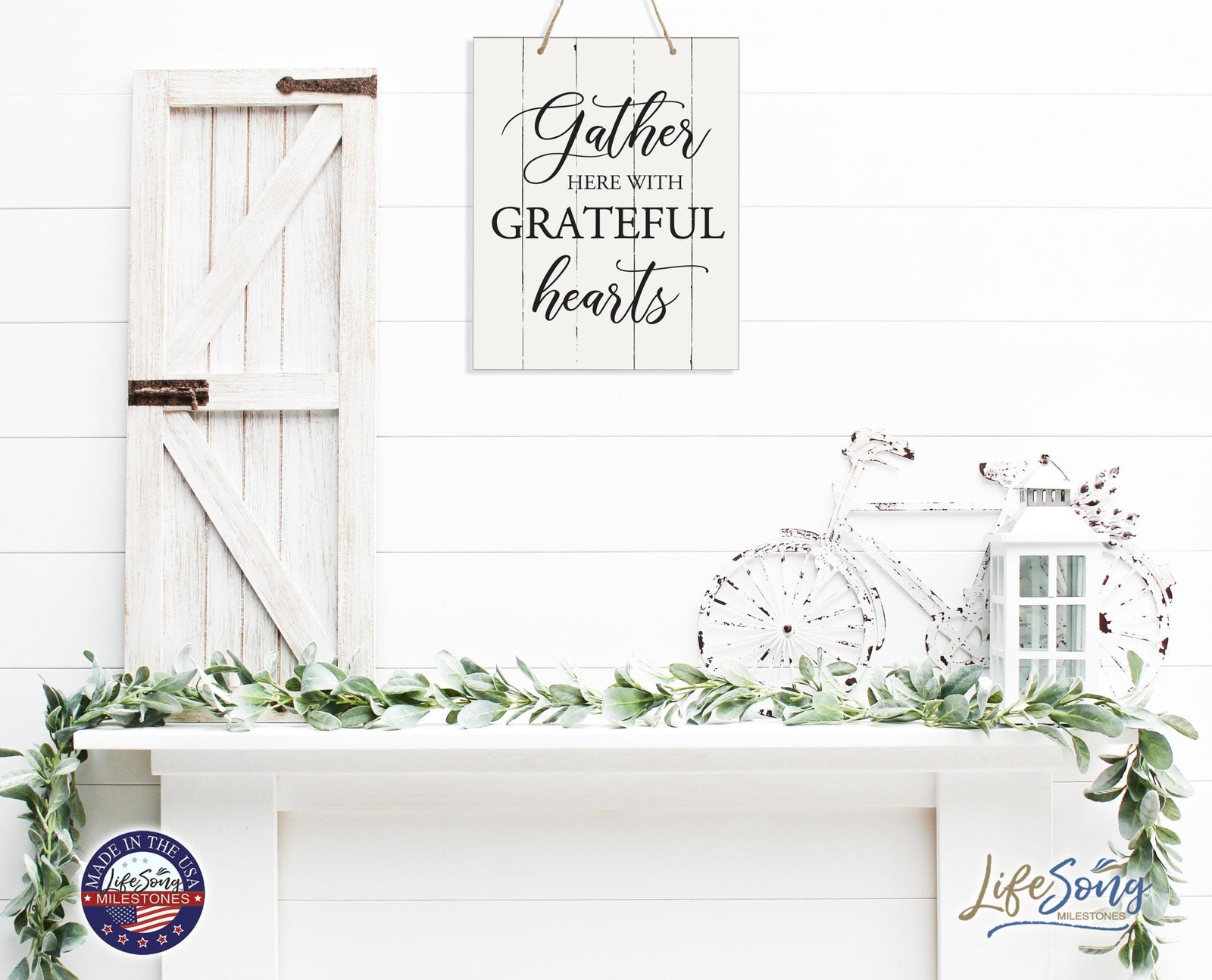 Modern Wooden Horizontal Wall Hanging Rope Sign 12x15 - Gather Here - LifeSong Milestones