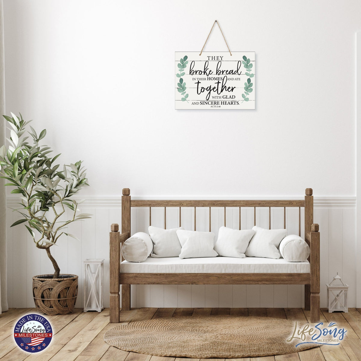 Modern Wooden Horizontal Wall Hanging Rope Sign 12x15 - They Broke Bread - LifeSong Milestones