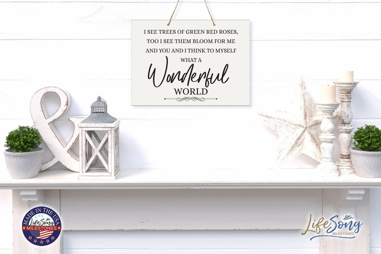 Modern Wooden Horizontal Wall Hanging Rope Sign 12x15 - Wonderful World - LifeSong Milestones