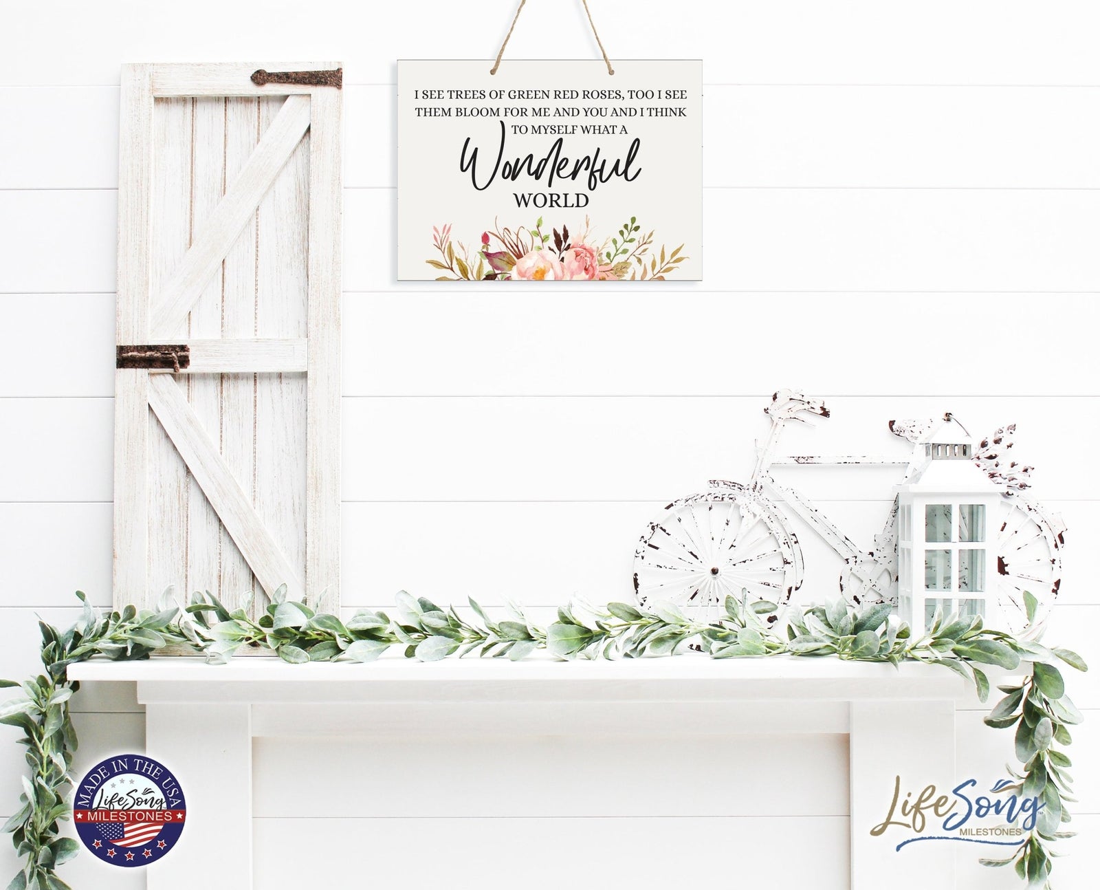 Modern Wooden Horizontal Wall Hanging Rope Sign 12x15 - Wonderful World - LifeSong Milestones