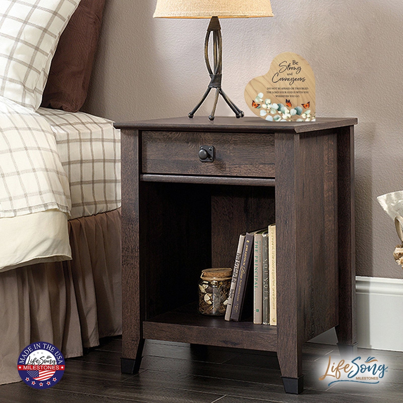 Modern Wooden Inspirational Heart Block 5in- Be Strong And Courageous - LifeSong Milestones