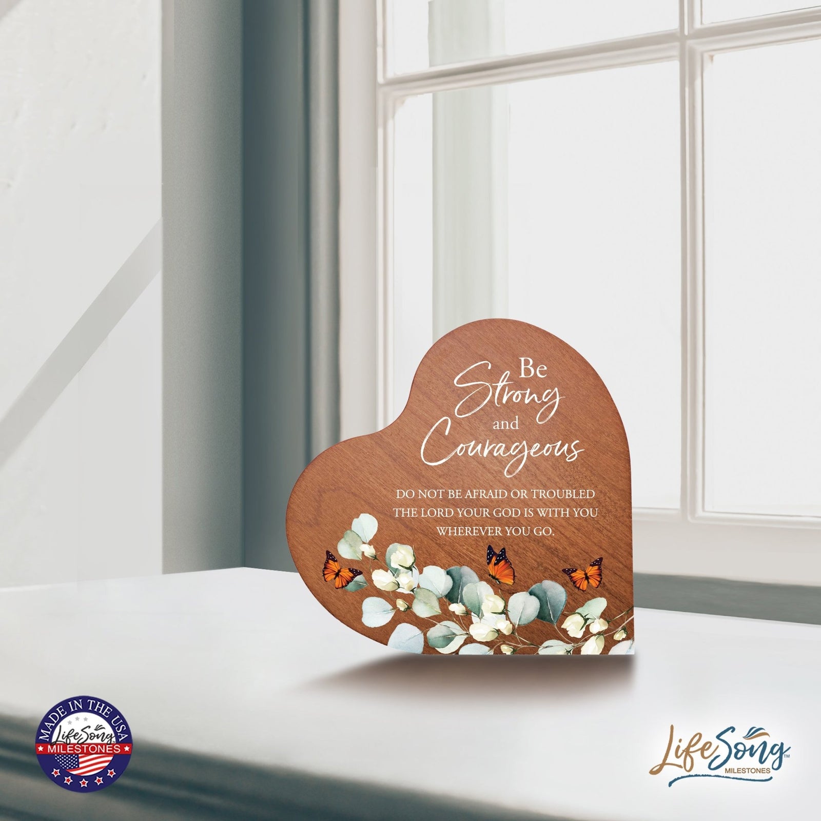 Modern Wooden Inspirational Heart Block 5in- Be Strong And Courageous - LifeSong Milestones