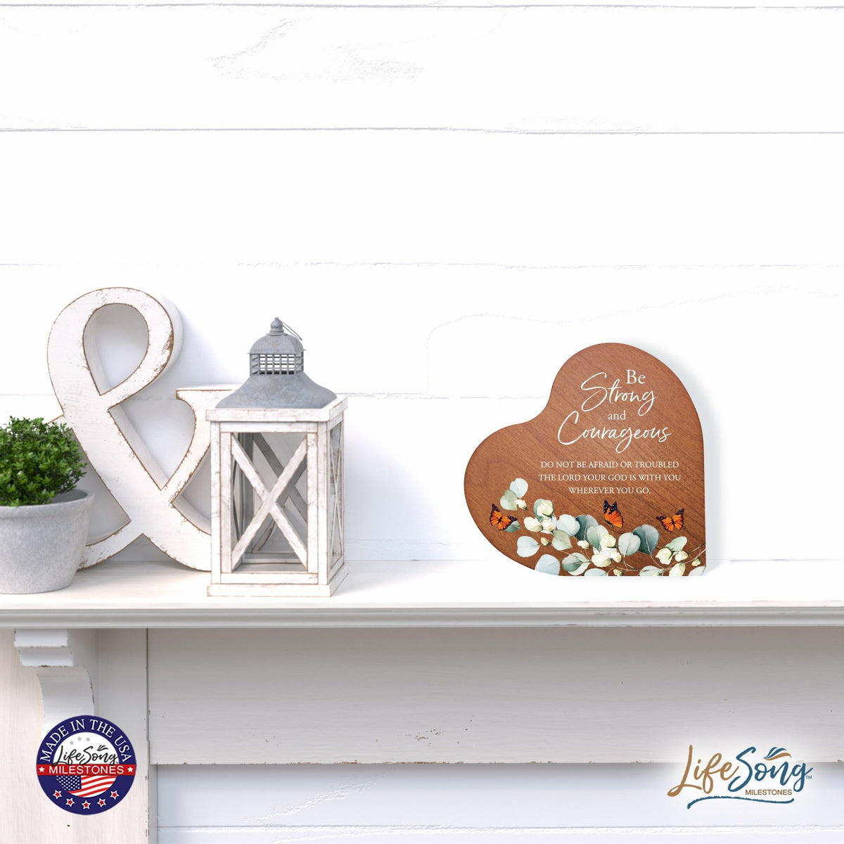 Modern Wooden Inspirational Heart Block 5in- Be Strong And Courageous - LifeSong Milestones