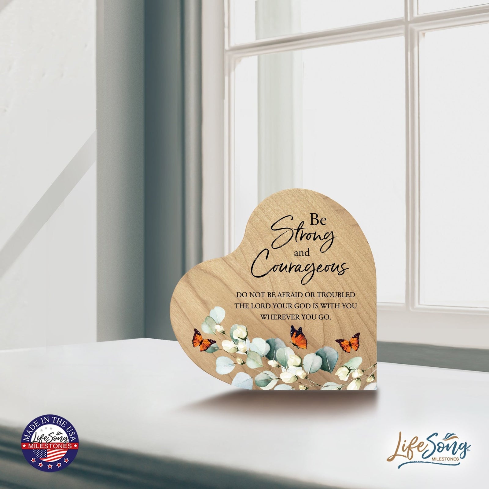 Modern Wooden Inspirational Heart Block 5in- Be Strong And Courageous - LifeSong Milestones