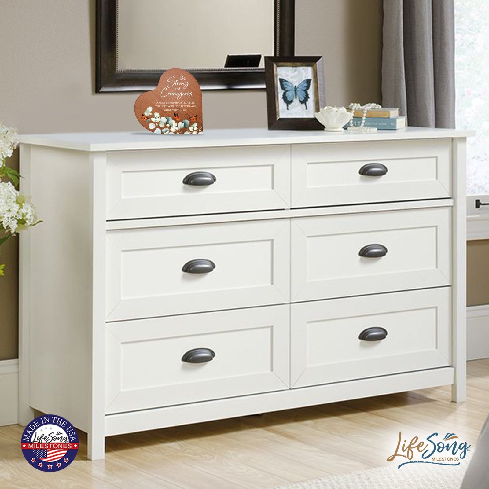 Modern Wooden Inspirational Heart Block 5in- Be Strong And Courageous - LifeSong Milestones