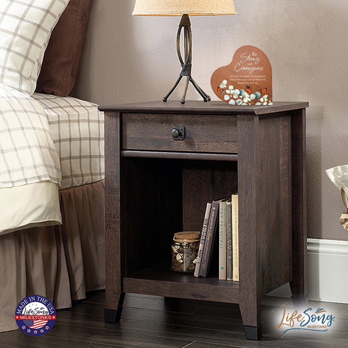 Modern Wooden Inspirational Heart Block 5in- Be Strong And Courageous - LifeSong Milestones