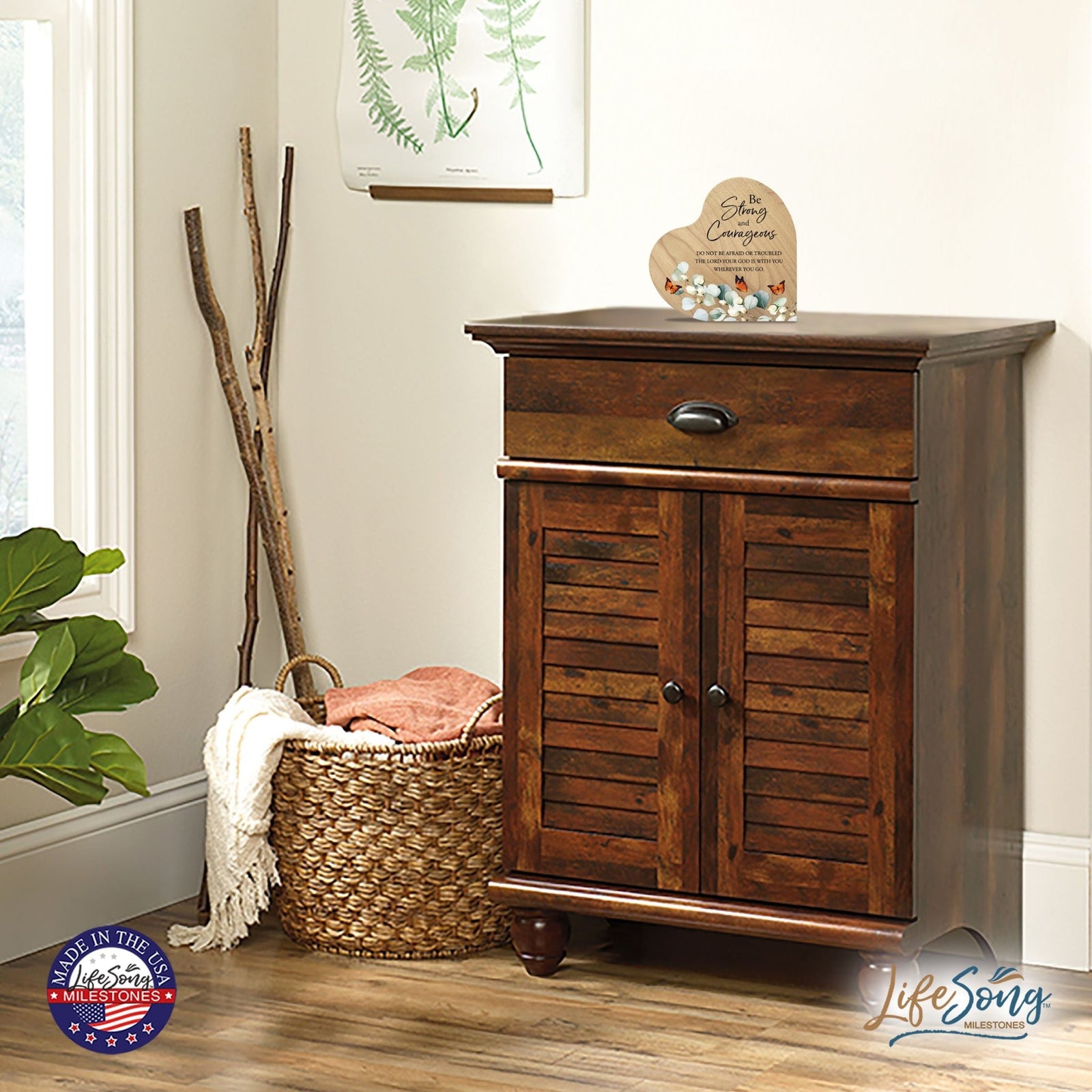 Modern Wooden Inspirational Heart Block 5in- Be Strong And Courageous - LifeSong Milestones