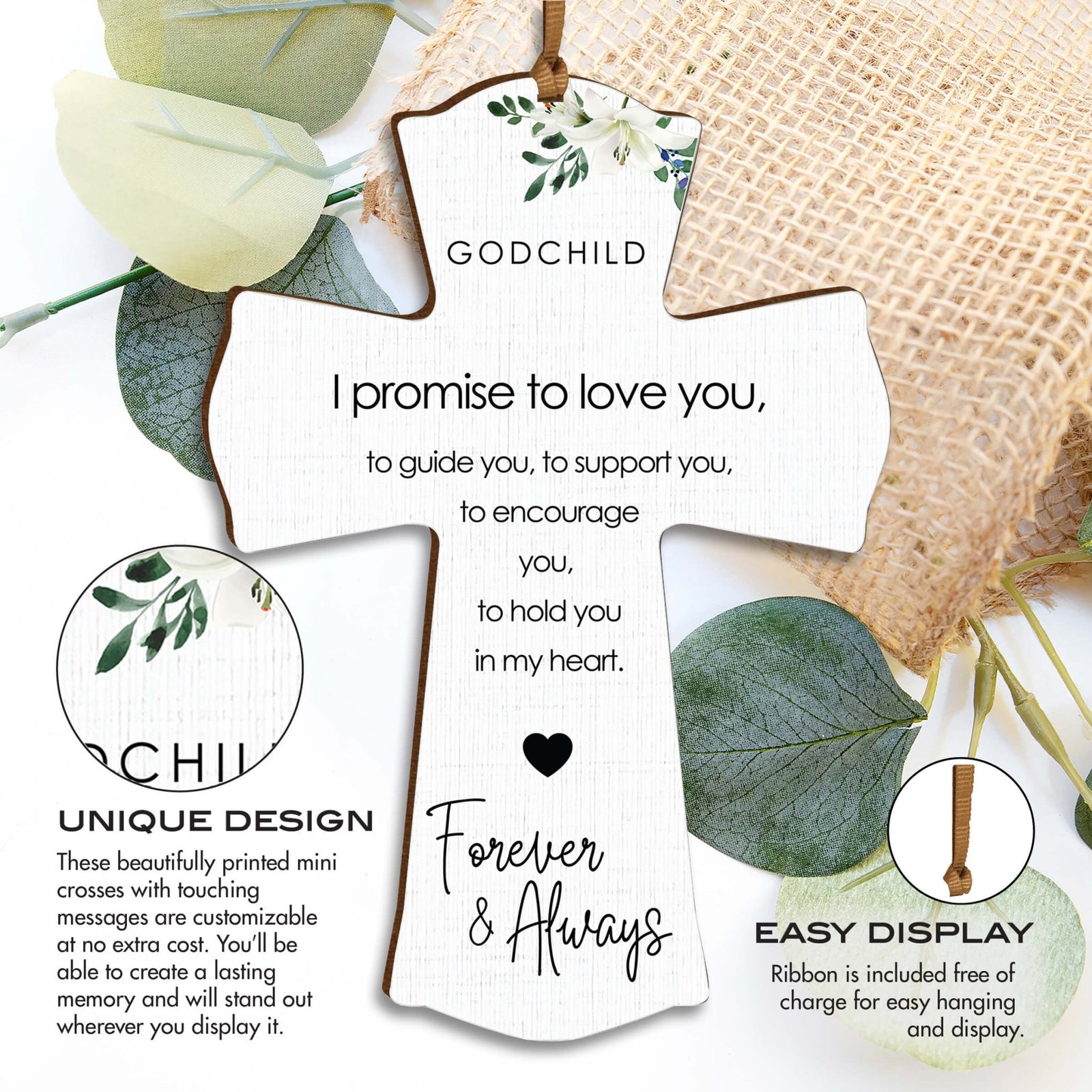 Modern Wooden Mini Cross for Godchild - I Promise To Love You - LifeSong Milestones