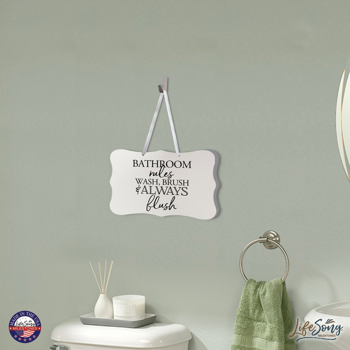 Modern Wooden Ribbon Sign Wall Decor 8” x 12” (Bathroom Rules) - LifeSong Milestones