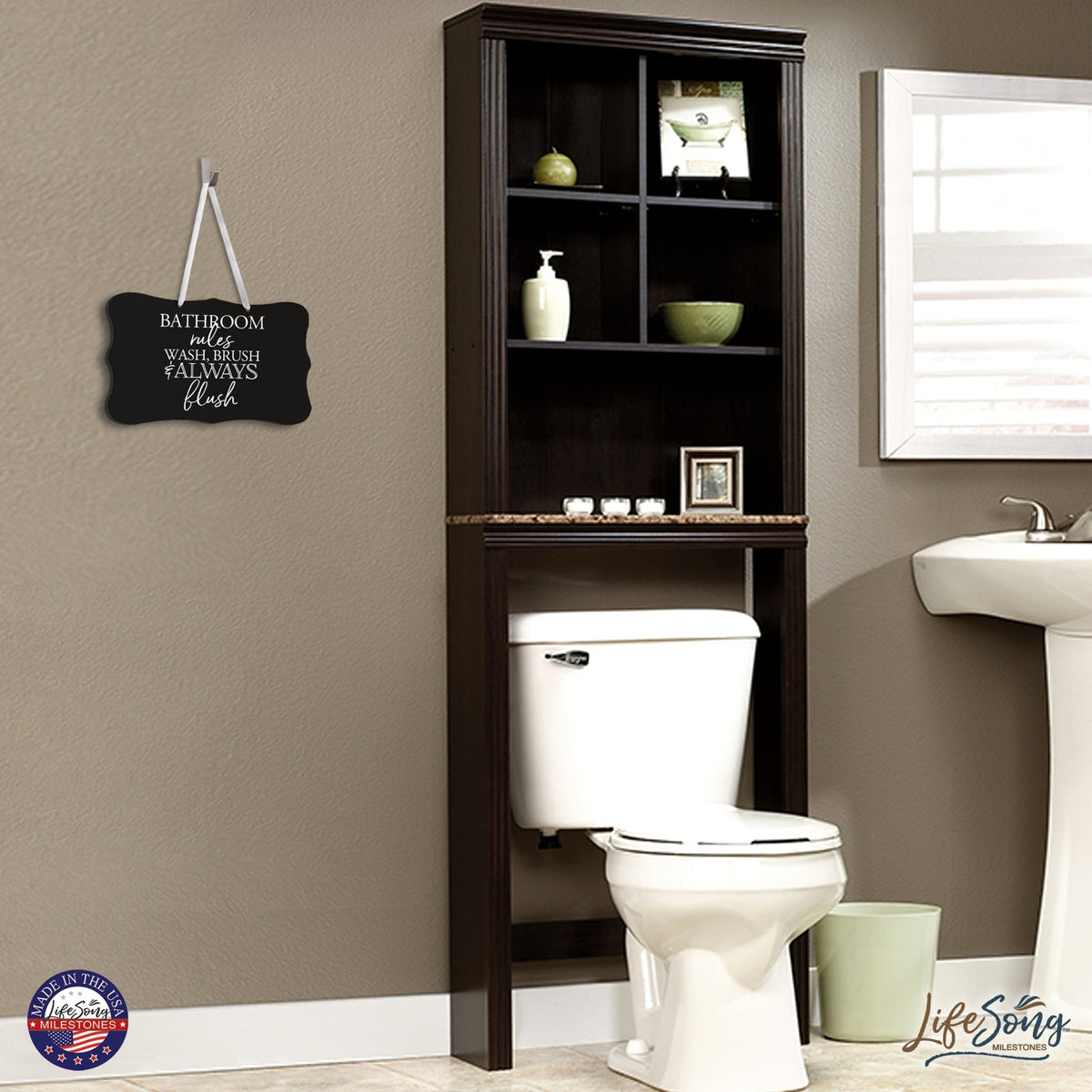 Modern Wooden Ribbon Sign Wall Decor 8” x 12” (Bathroom Rules) - LifeSong Milestones