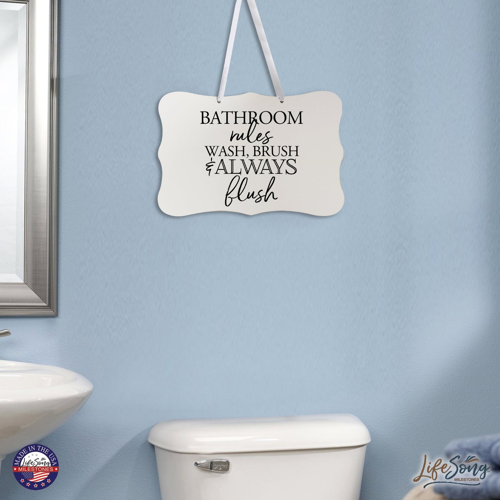 Modern Wooden Ribbon Sign Wall Decor 8” x 12” (Bathroom Rules) - LifeSong Milestones