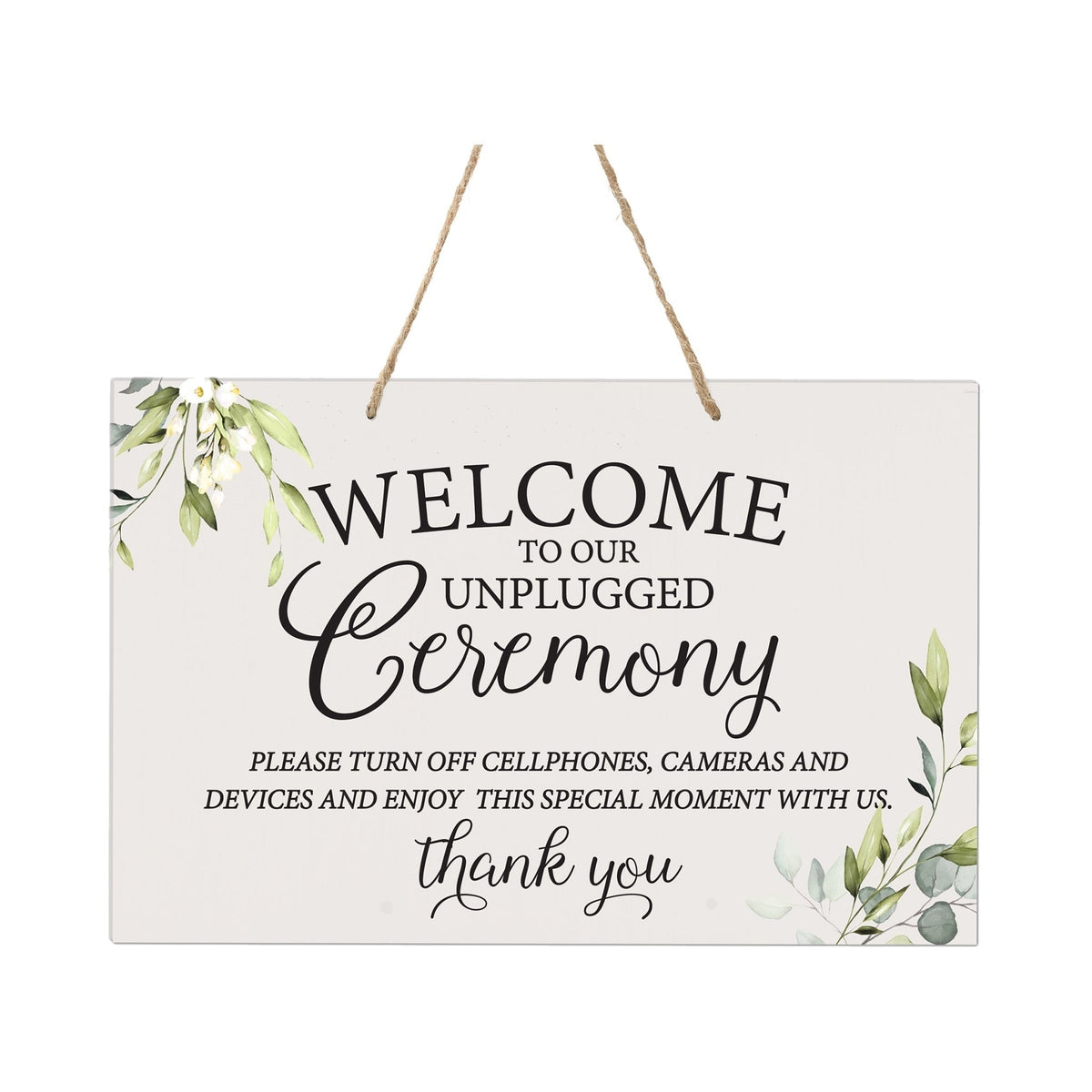 Modern Wooden Wall Hanging Rope Sign for Wedding 8 x 12 - Welcome To Our Unplugged Ceremony - LifeSong Milestones