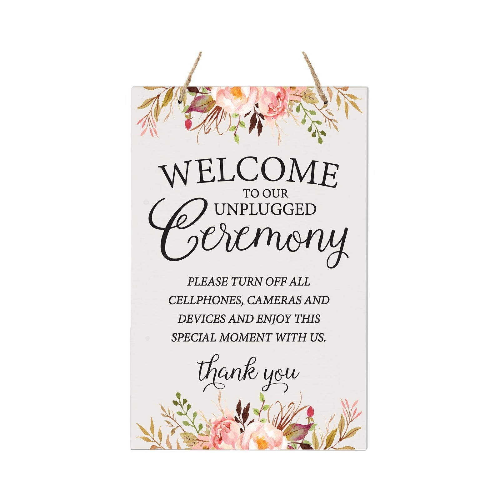 Modern Wooden Wall Hanging Rope Sign for Wedding 8 x 12 - Welcome To Our Unplugged Ceremony - LifeSong Milestones