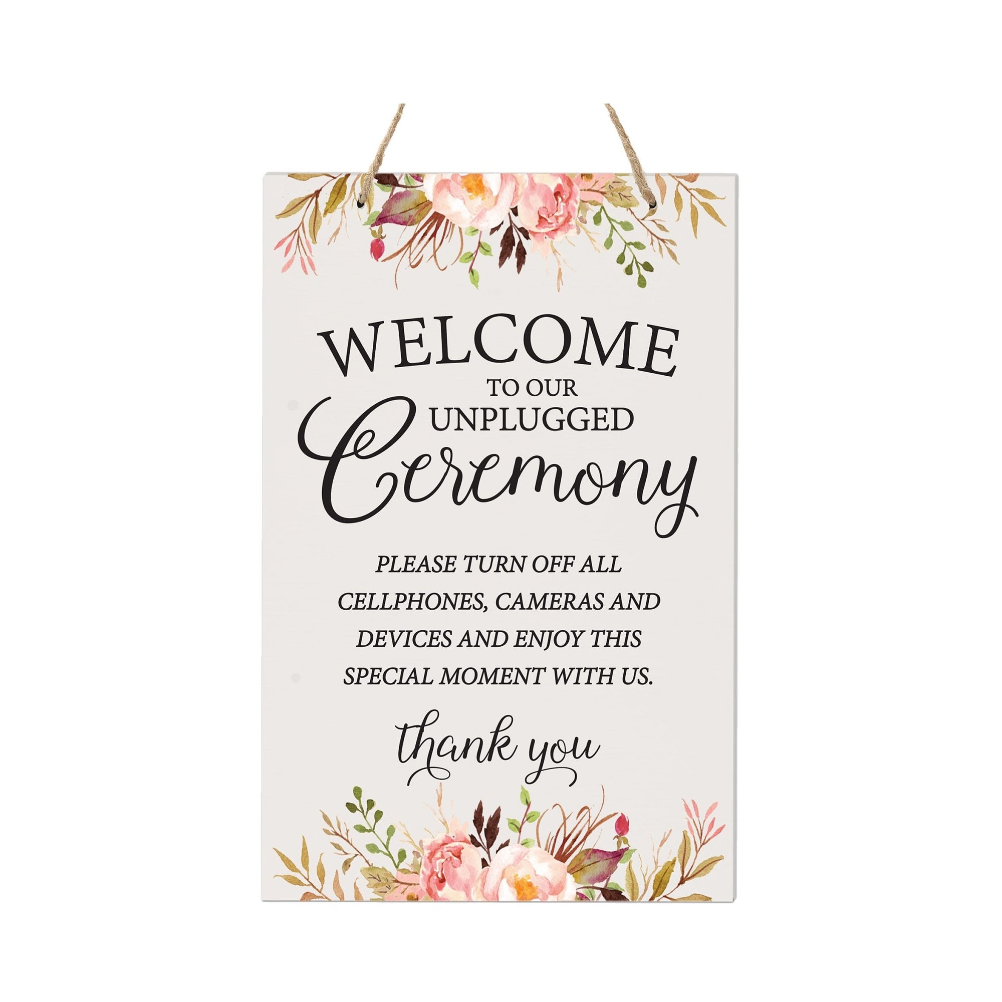 Modern Wooden Wall Hanging Rope Sign for Wedding 8 x 12 - Welcome To Our Unplugged Ceremony - LifeSong Milestones