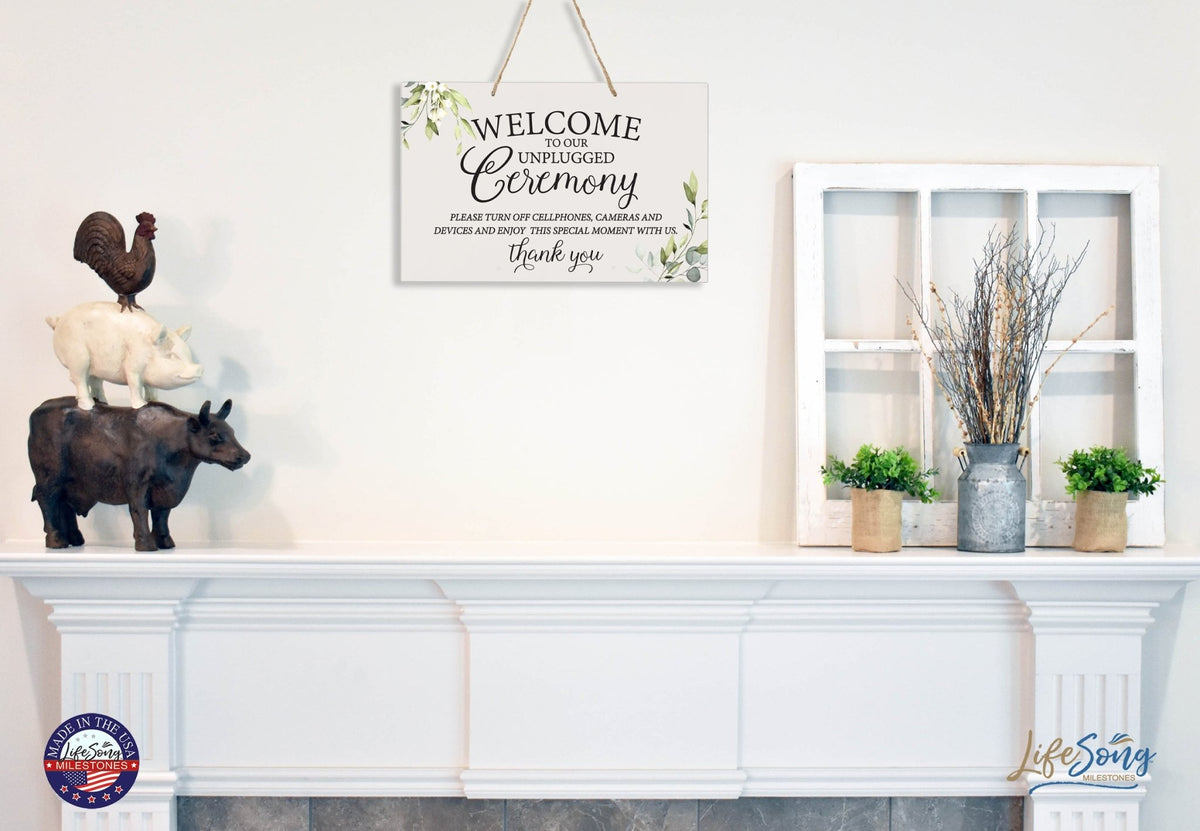 Modern Wooden Wall Hanging Rope Sign for Wedding 8 x 12 - Welcome To Our Unplugged Ceremony - LifeSong Milestones