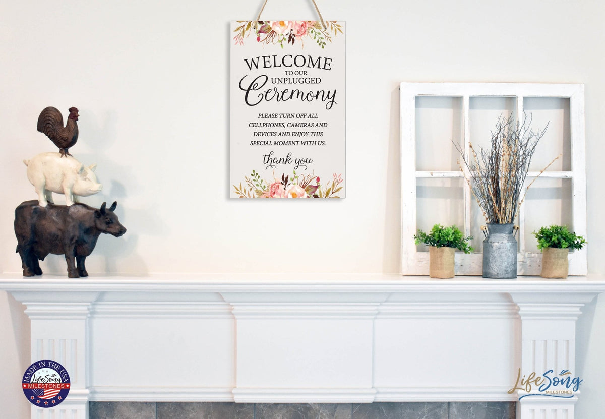 Modern Wooden Wall Hanging Rope Sign for Wedding 8 x 12 - Welcome To Our Unplugged Ceremony - LifeSong Milestones