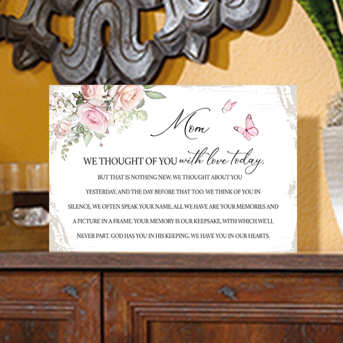 Mom, We Thought Of You Wooden Floral 5.5x8 Inches Memorial Art Sign Table Top and shelf decor For Home Décor - LifeSong Milestones