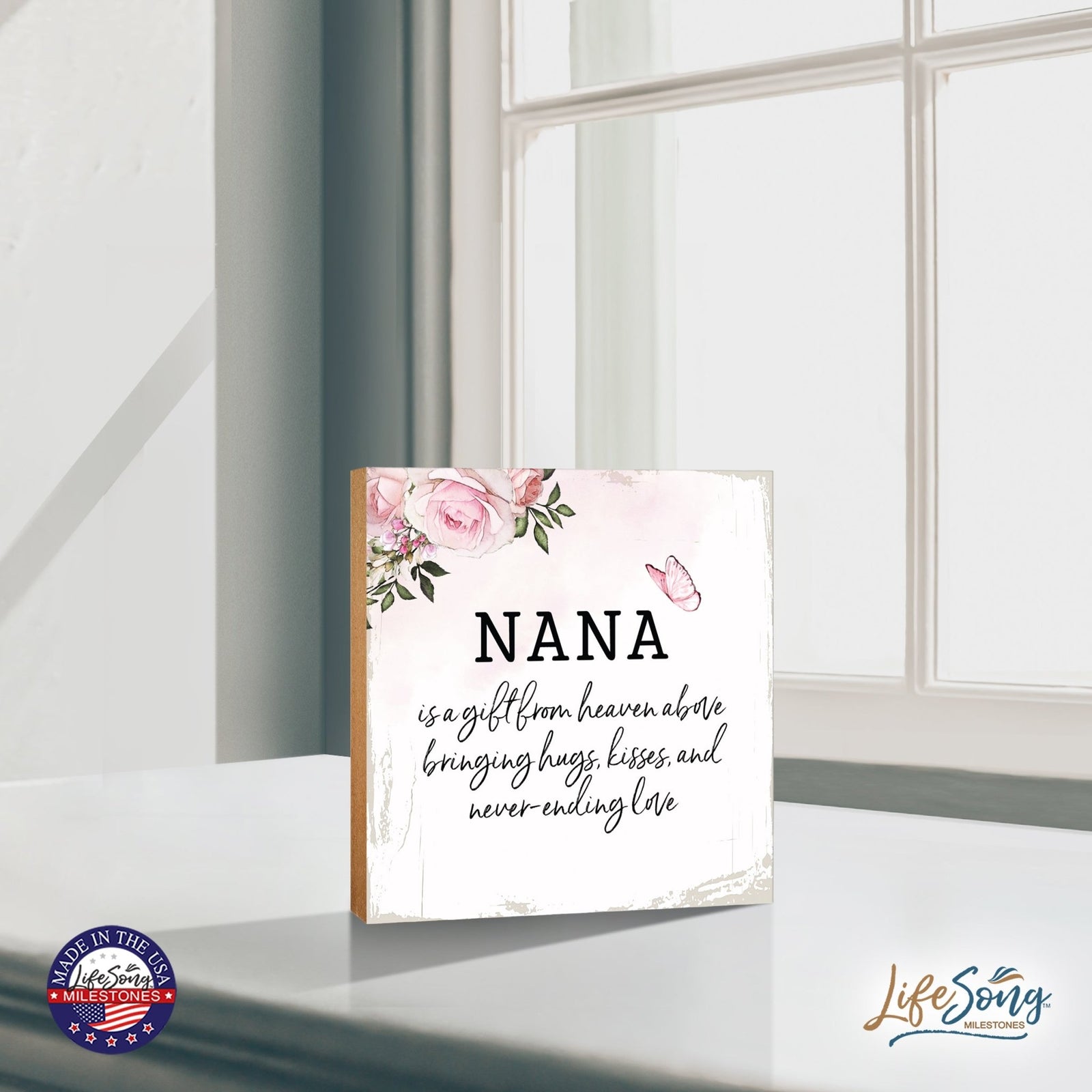 Nana Is A Gift Floral 6x6 Inches Wood Family Art Sign Tabletop and Shelving For Home Décor - LifeSong Milestones
