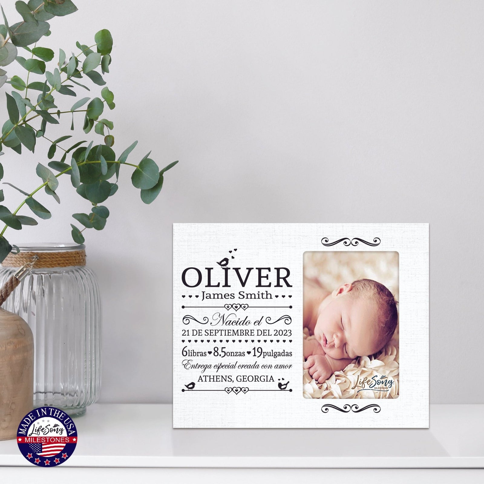 Newborn Baby Announcement Spanish Cutesy Wall And Tabletop Photo Frame For New Parents Gift Ideas - Entrego Especial Creada Con Amor - LifeSong Milestones