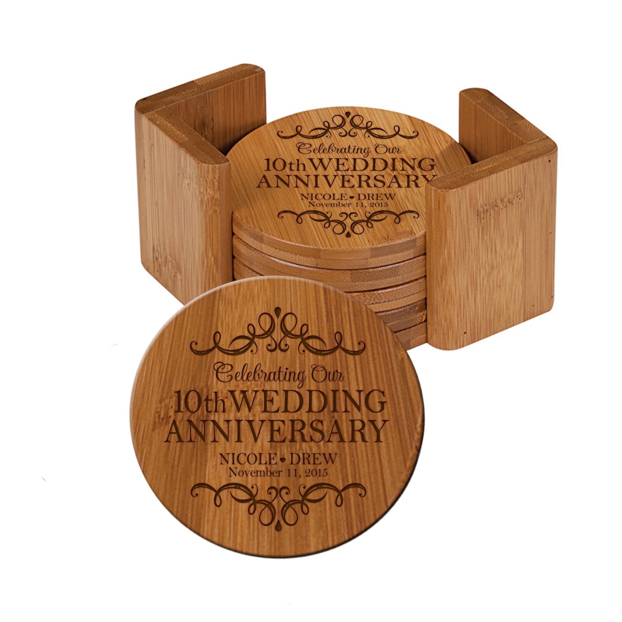 Personalized 10th Wedding Anniversary Bamboo 6pcs Coaster Set - LifeSong Milestones