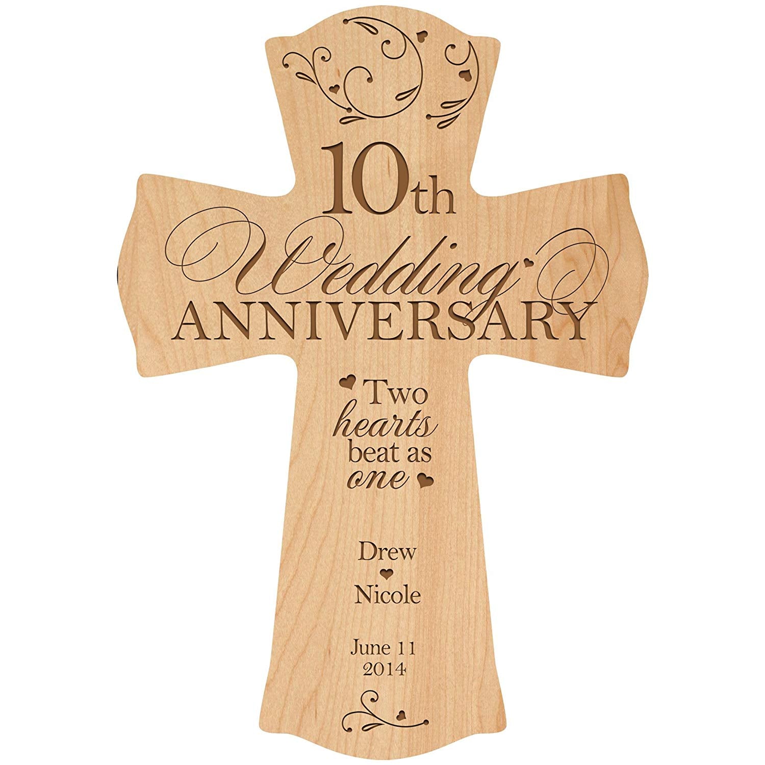 Personalized 10th Wedding Anniversary Engraved Wall Cross - Two Hearts - LifeSong Milestones