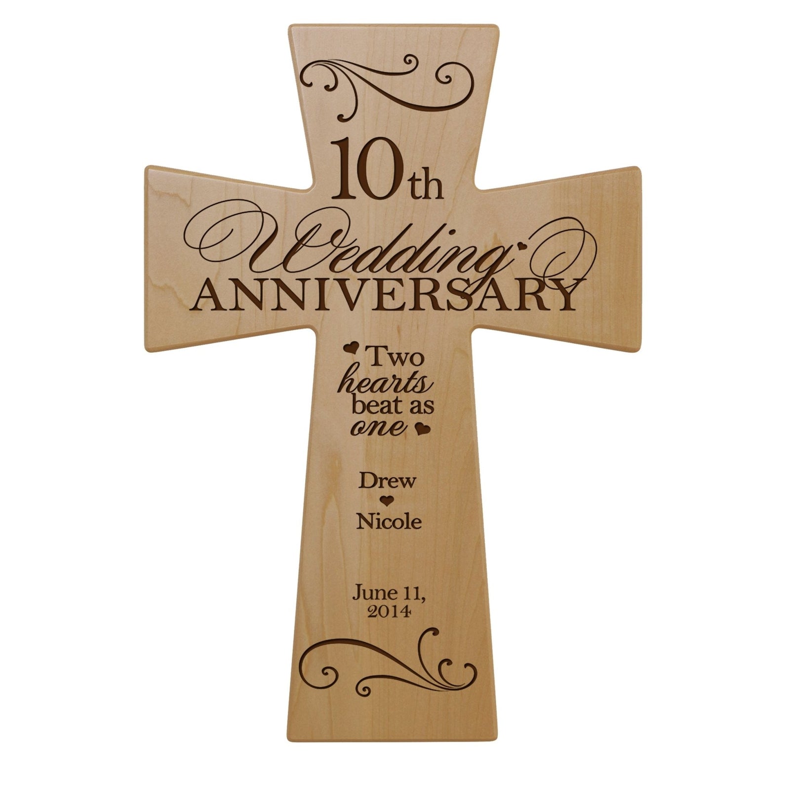 Personalized 10th Wedding Anniversary Engraved Wall Cross - Two Hearts - LifeSong Milestones