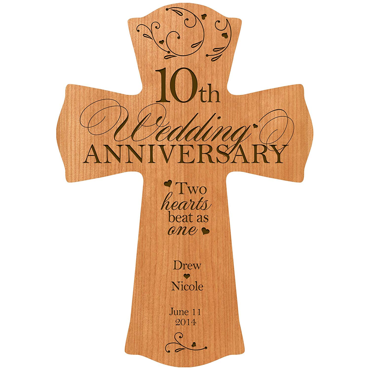 Personalized 10th Wedding Anniversary Engraved Wall Cross - Two Hearts - LifeSong Milestones