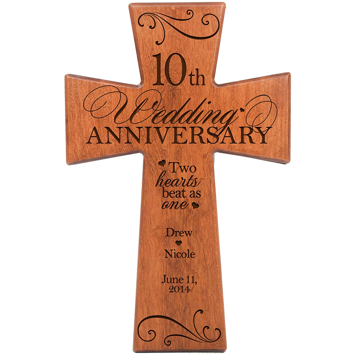 Personalized 10th Wedding Anniversary Wall Cross - Two Hearts - LifeSong Milestones