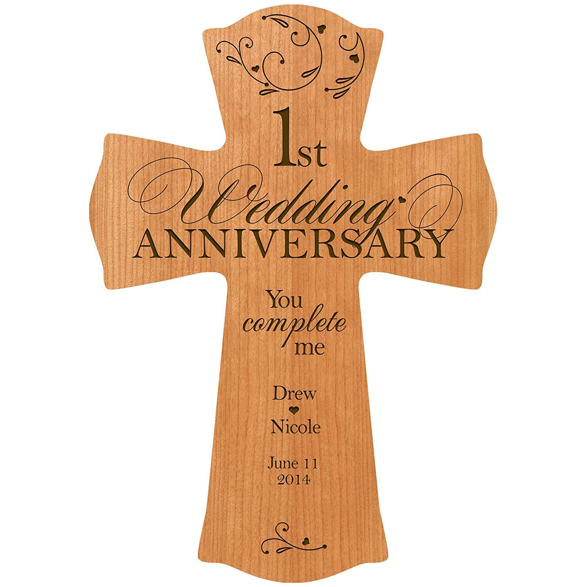 Personalized 1st Wedding Anniversary Engraved Wall Cross - You Complete Me - LifeSong Milestones