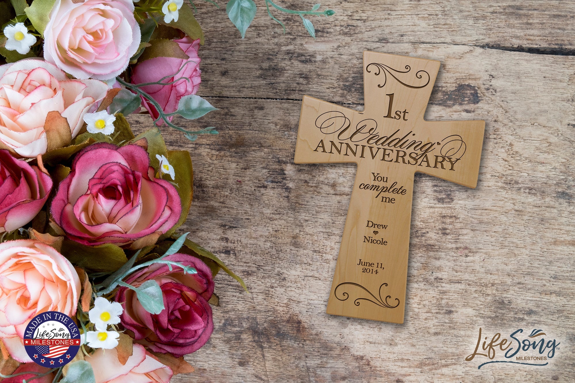Personalized 1st Wedding Anniversary Engraved Wall Cross - You Complete Me - LifeSong Milestones