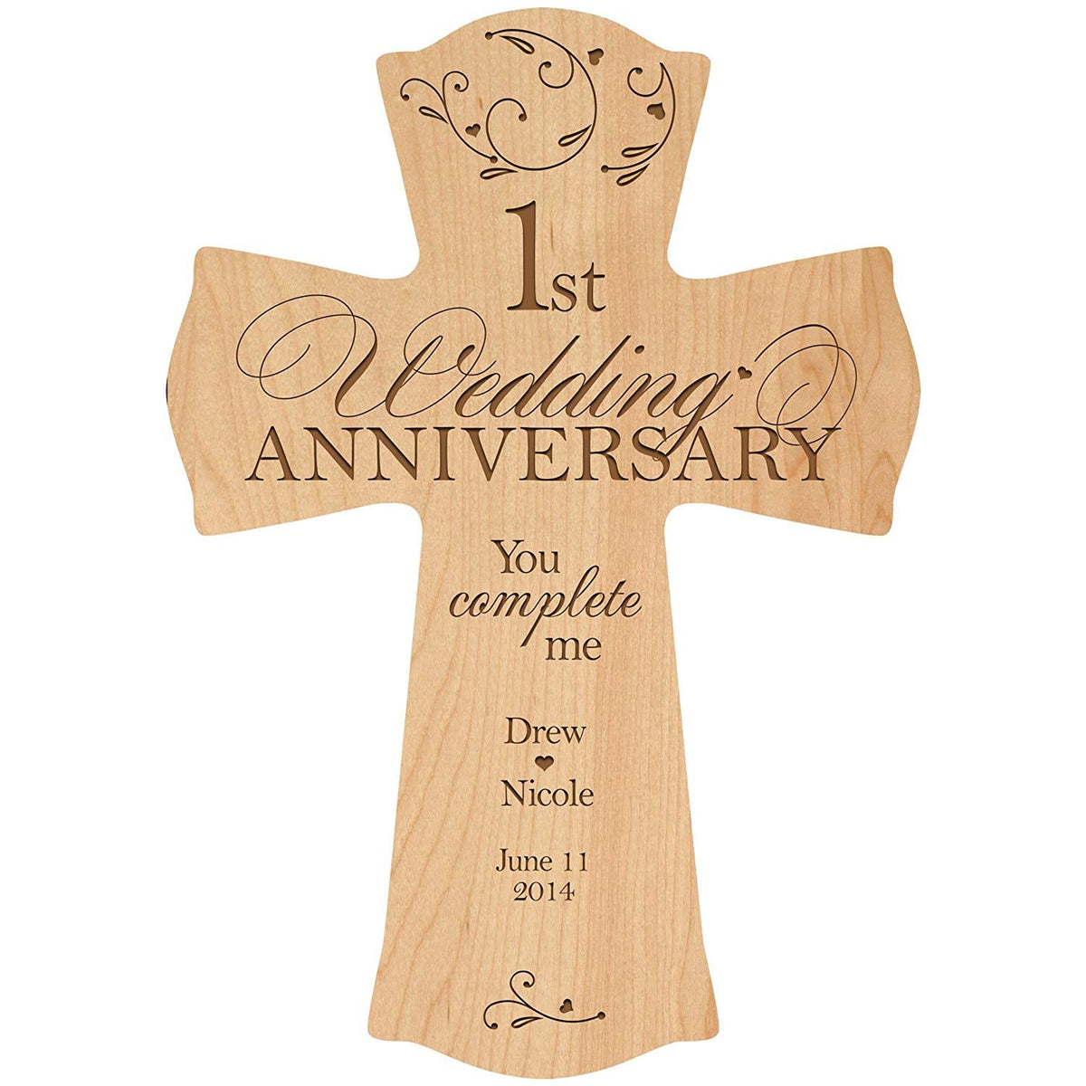 Personalized 1st Wedding Anniversary Engraved Wall Cross - You Complete Me (Maple) - LifeSong Milestones
