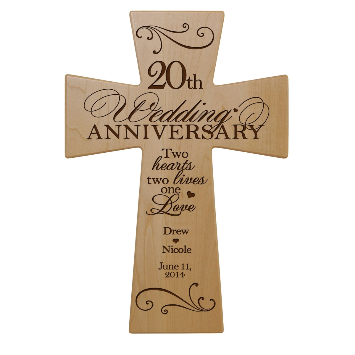 Personalized 20th Wedding Anniversary Engraved Wall Cross - Two Heart Two Lives - LifeSong Milestones