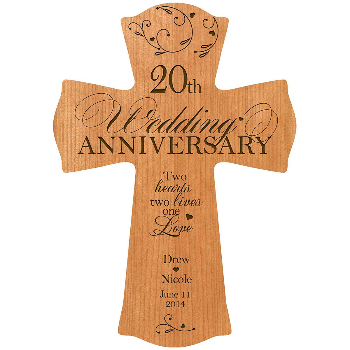 Personalized 20th Wedding Anniversary Engraved Wall Cross - Two Hearts Two Lives - LifeSong Milestones