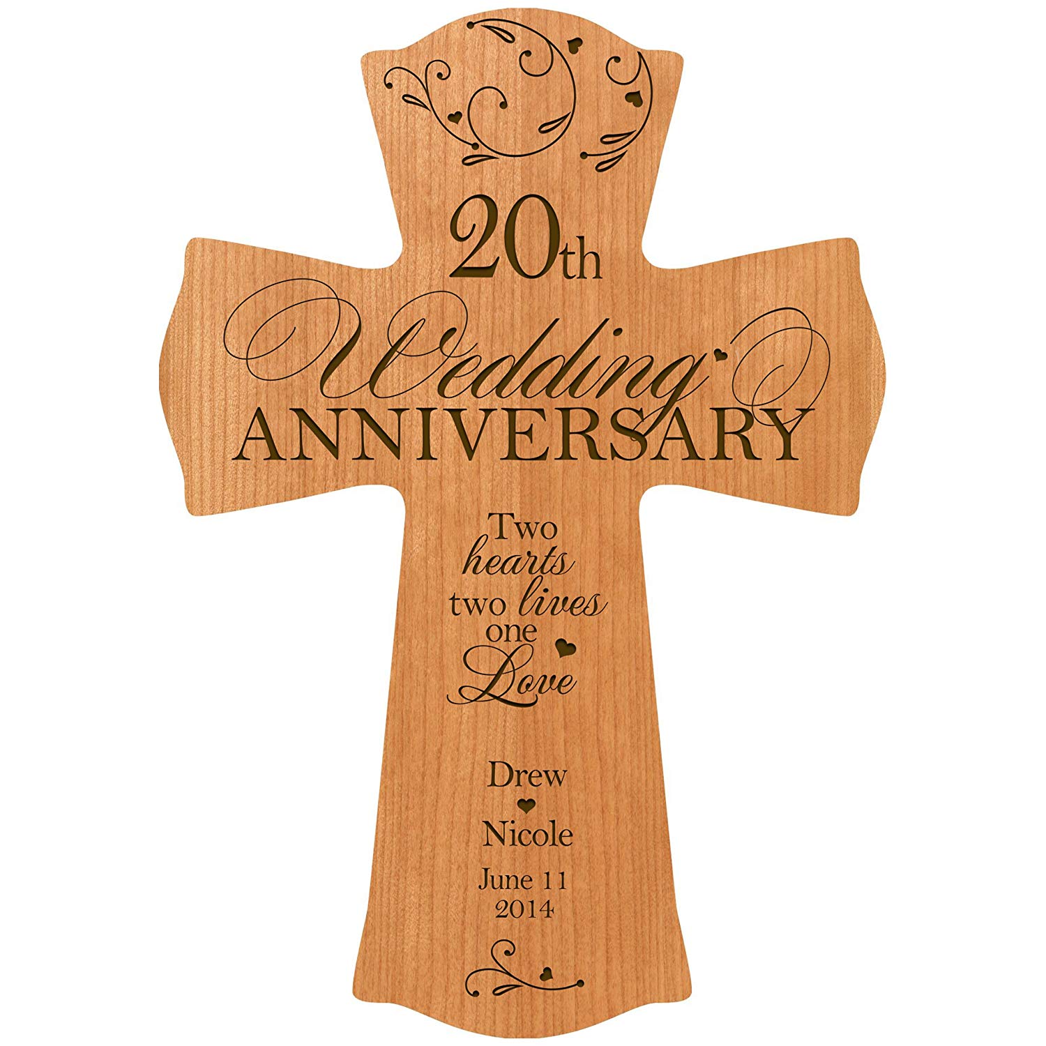 Personalized 20th Wedding Anniversary Engraved Wall Cross - Two Hearts Two Lives - LifeSong Milestones