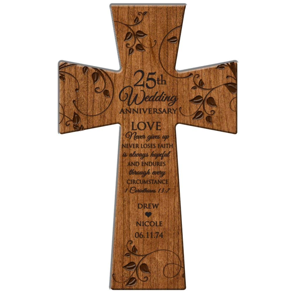 Personalized 25th Wedding Anniversary Wall Cross - Love Never Gives Up - LifeSong Milestones