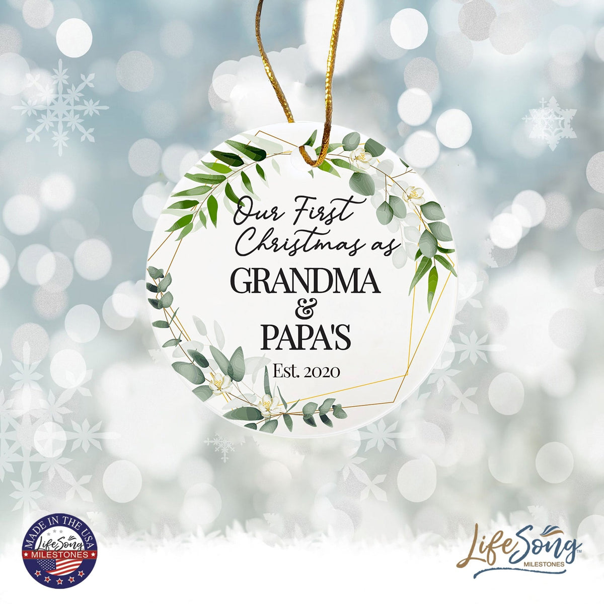 Personalized 2.75in Christmas Ceramic White Round Ornament for Grandparents - Our First Christmas - LifeSong Milestones