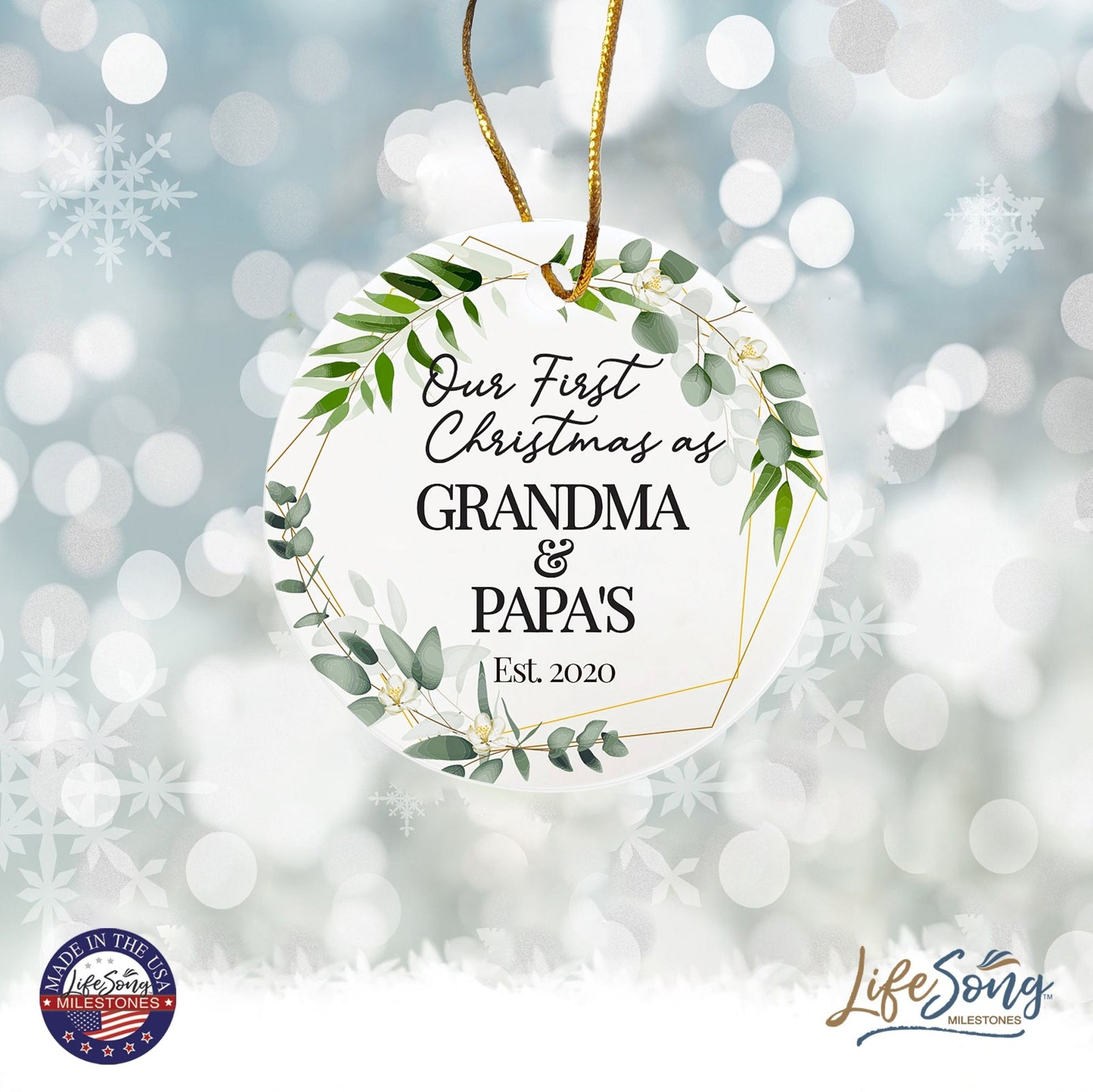 Personalized 2.75in Christmas Ceramic White Round Ornament for Grandparents - Our First Christmas - LifeSong Milestones